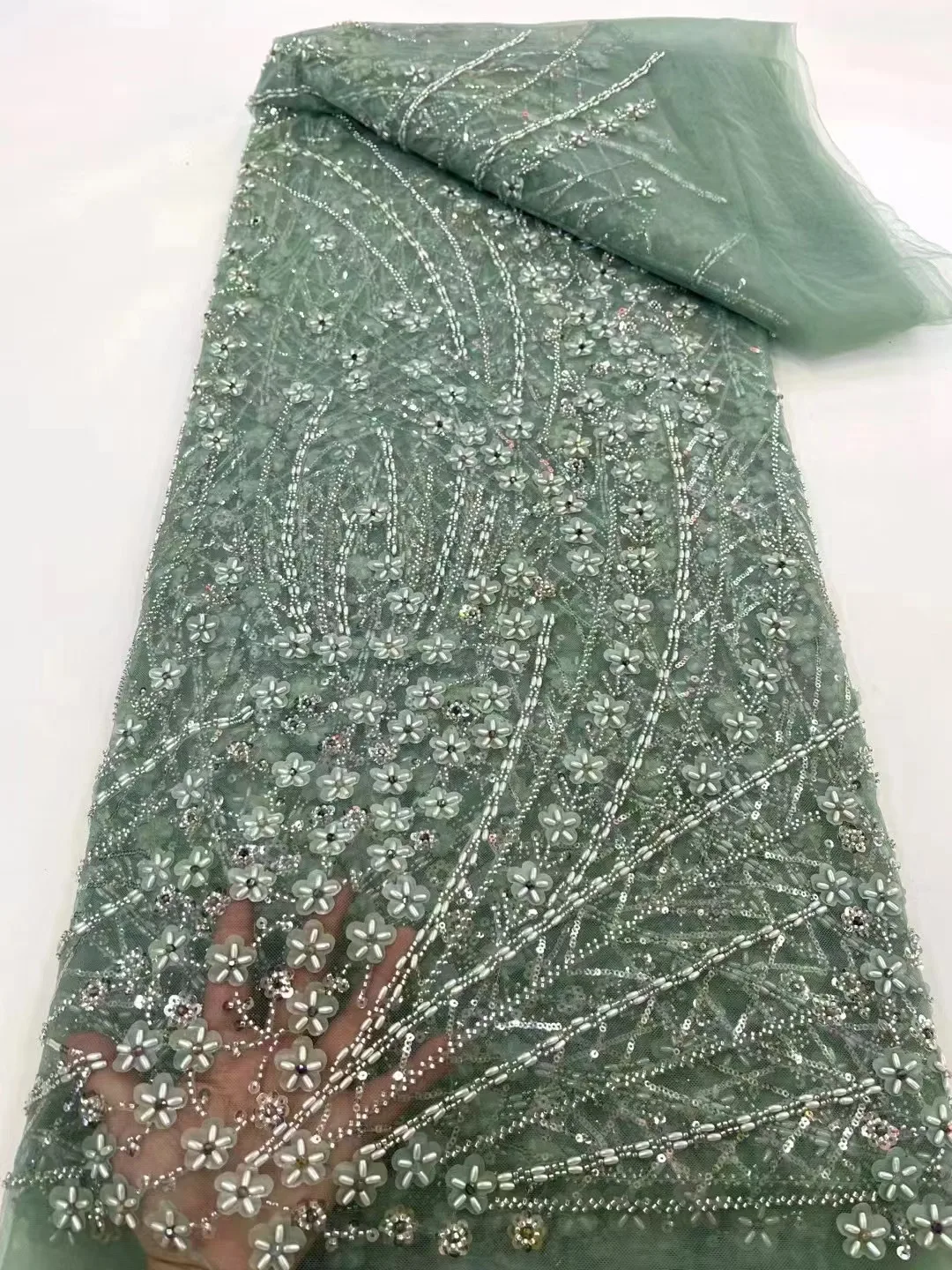 

Blue Latest High End Dubai Beaded Lace Fabrics 2024 Luxury African Net Sequins Lace Fabric Material For Wedding Dresses