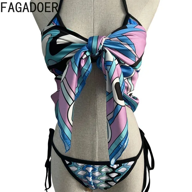 FAGADOER Sexy Bikinis Set 3 Piece Swimwear Woman 2025 Geometry Pattern Halter Backless Patchwork Tops +Underpants+ Lace Up Skirt 2