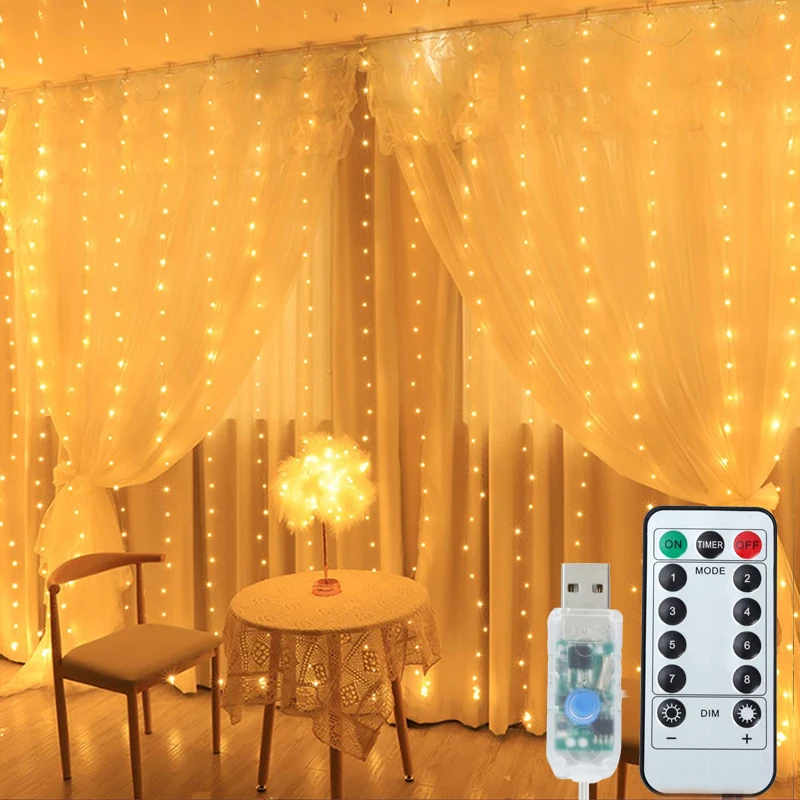 

3M LED Curtain String Lights Fairy Decoration USB Holiday Garland Lamp 8 Mode For Home Garden Christmas Party New Year Wedding