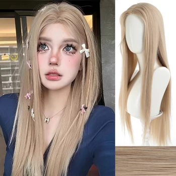 Parrucca sintetica con frangia divisa, capelli lunghi e lisci color tè al latte e oro riso, adatta per l'uso quotidiano e le feste da parte delle donne.