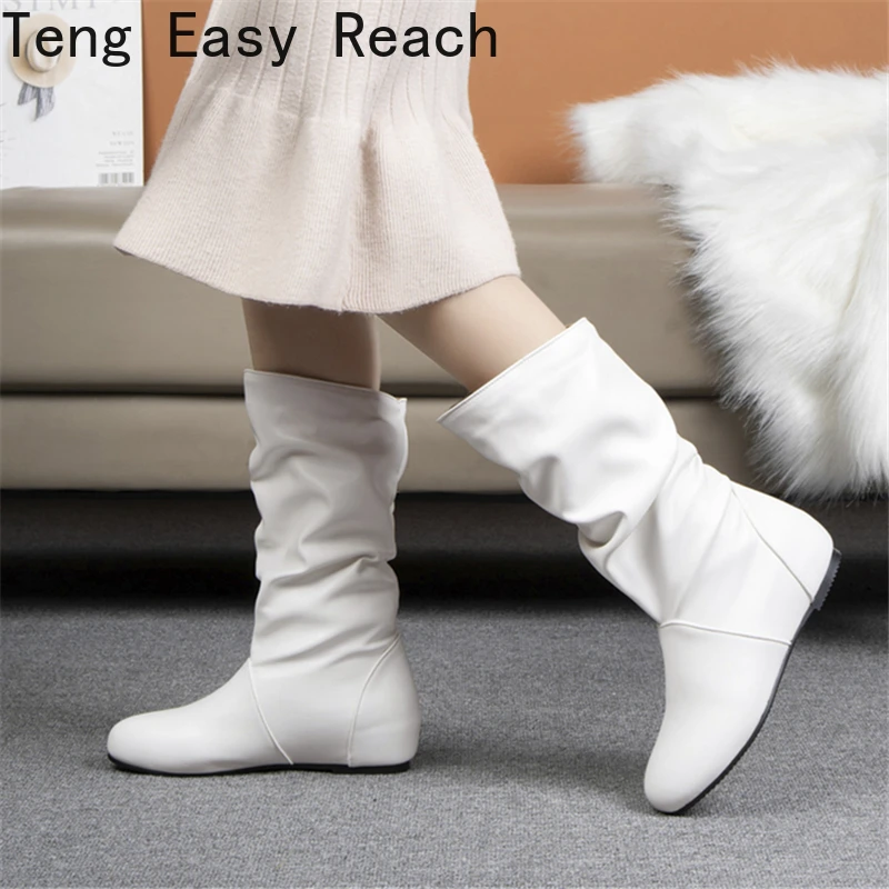 Autumn Winter Women's White Pleated Ankle Boots Fashion Women's Round Toe Wedge Short Boots Women's Black New Plus Size 33-48