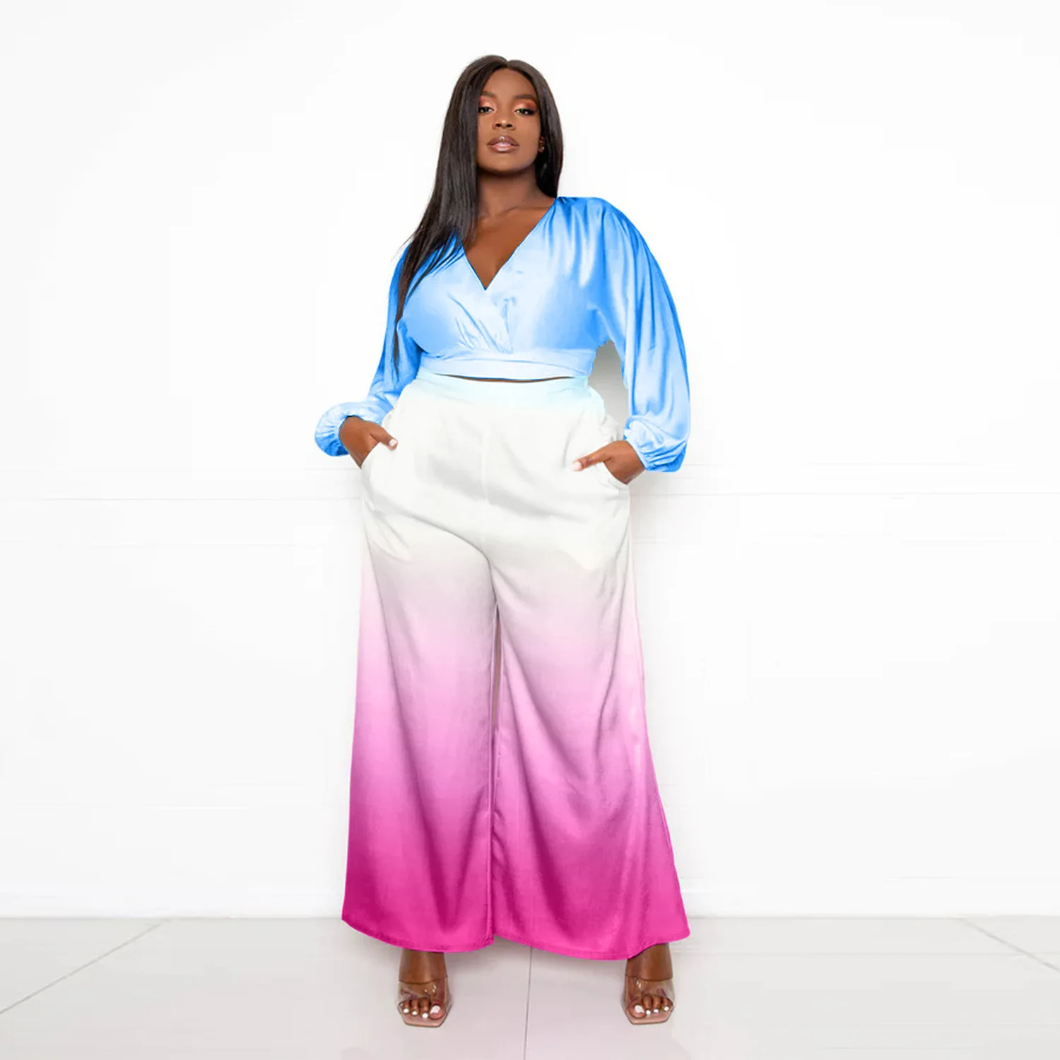 

2022 Autumn Women's fashion gradual color splicing sexy V-neck top wide leg pants suit