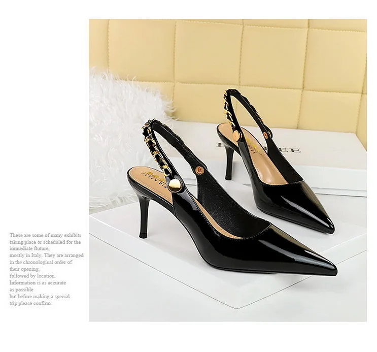 Shoes Metal Chain Women Pumps Patent Leather New Women 7 Cm 9.5 Cm Heels Women Summer Stilettos Sandals High Heels