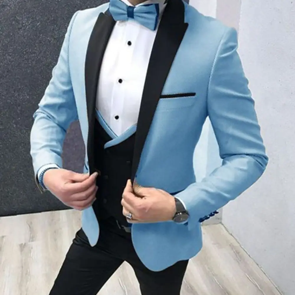 New Popular Men Light Blue 3 Pieces Suits 2023 Slim Fit One Button Customized Formal Wedding Prom Tuxedos (Jacket+Vest+Pants)