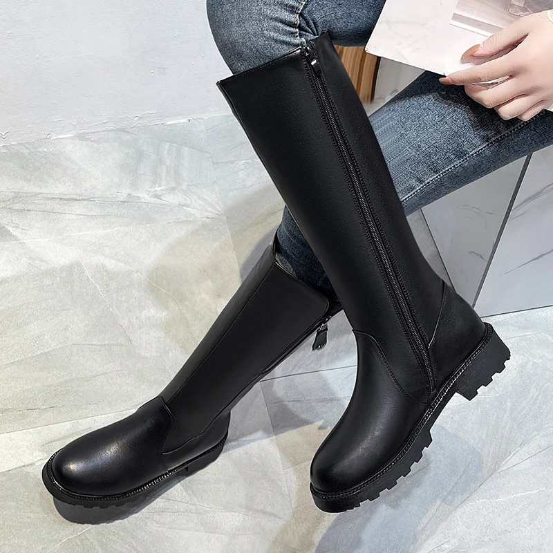 Women Knee Med Heel Boots Woman Zipper  Round Toe Boots-Women Over-the-Knee Autumn 2024 Lolita Rubber Ladies Rome PU Basic Fabri