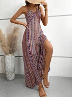 Women's Summer Ethnic Pattern Backless Split Thigh Dress Ladies Summer Clothes Boho Fashion Frill Trim Long Dress for Beach - Image 4