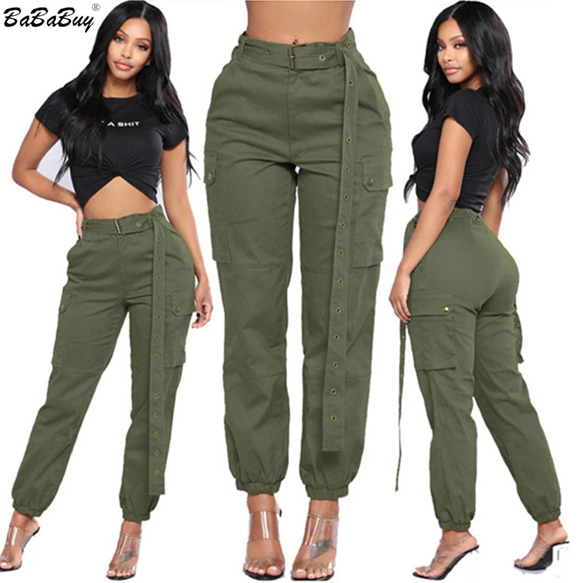 

Bababuy 2022 High Quality Women's Trousers Casual Cargo Pants Cotton Pencil Jeans with Belt
