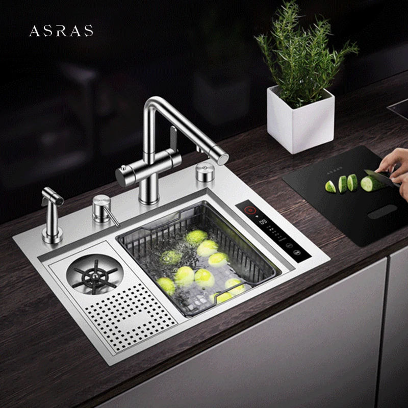 SUS 304 Stainless Steel Handmade Smart Purifying Hidden Cup Rinser Kitchen Sink Fruit And Vegetable Washing Ultrasonic Sinks