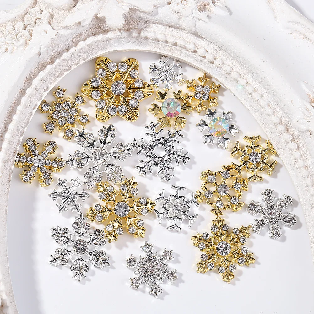 10PCS Metal Gold Sliver Christmas Snowflake Parts Diamond Charms Glitter DIY Nail Art Accessories Decoration Gems