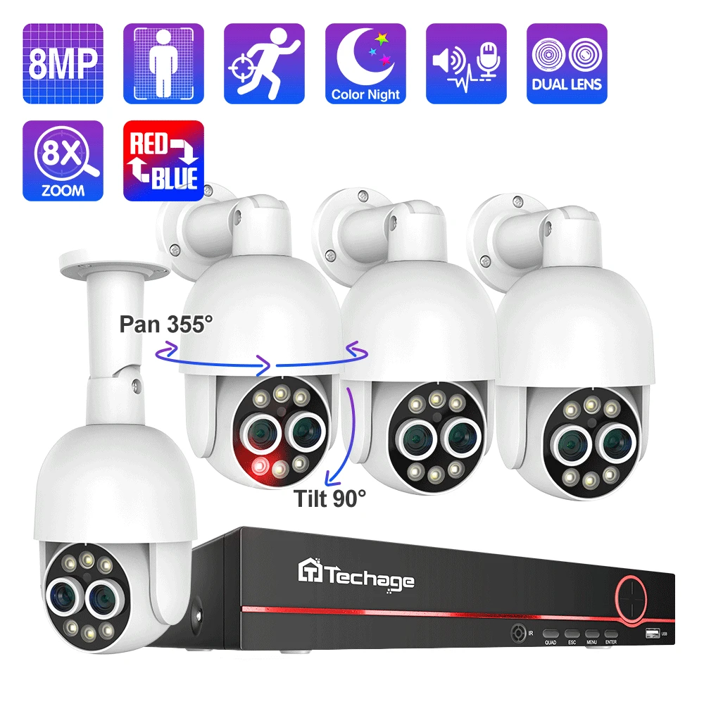 Techage 8CH PTZ 8MP Dual Lens PoE Security Camera System 8X Zoom 4MP Two Way Audio NVR Human Detect ONVIF Video Surveillance Kit