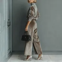 2026 Autumn Winter New Style Women Fashion Casual Warm Sportswear Set Velvet Long-sleeved Solid Color High-neck Wide-leg Pants - Image 4