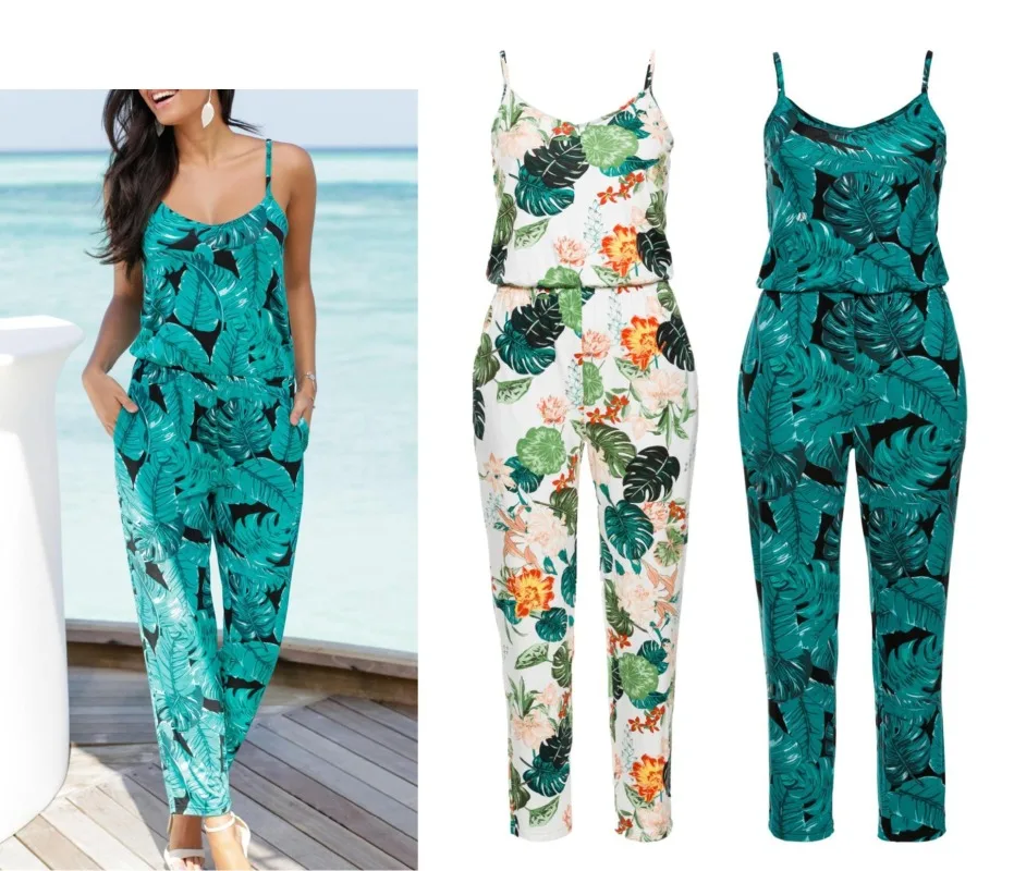 Women's Suspender Jumpsuit V-neck Sleeveless Backless Printed Bottomed Beach Casual Female Sling Jumpsuits