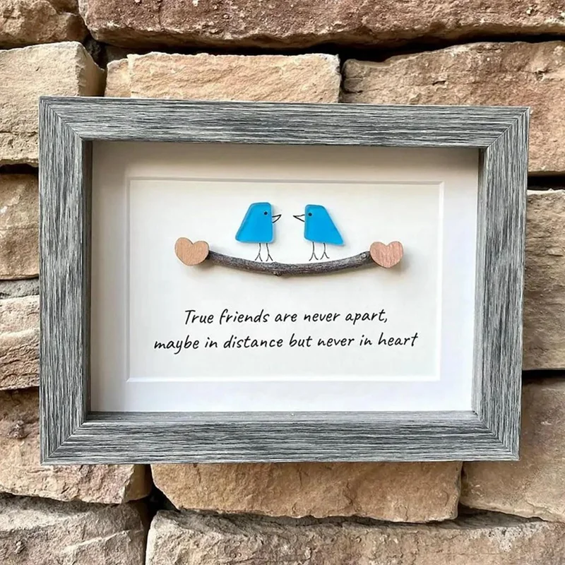 

Sea Glass Art, Seaglass Birds, Friend Birthday Gift,Handmade Photo Frame Sea Glass Birds Driftwood Wall Durable Easy Install