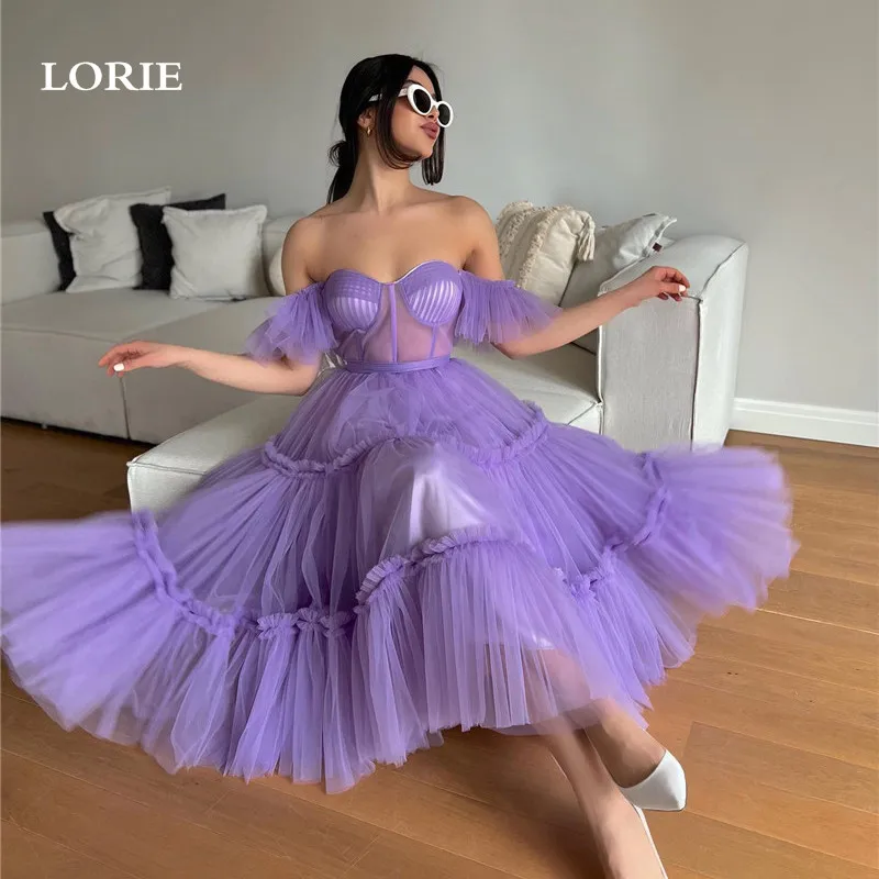 

LORIE Purple Prom Dresses Off The Shoulder Tiered Abkle Length Sweetheart Evening Party Gowns Formal Graduation Dress