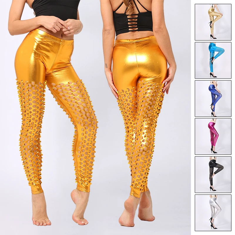 Women Sexy Disco Pants Punk Style Hollow Out Fish-scale Pattern Leggings   Stage Performance Nightclub Costumes Dance Trousers italian dance classics funky and disco