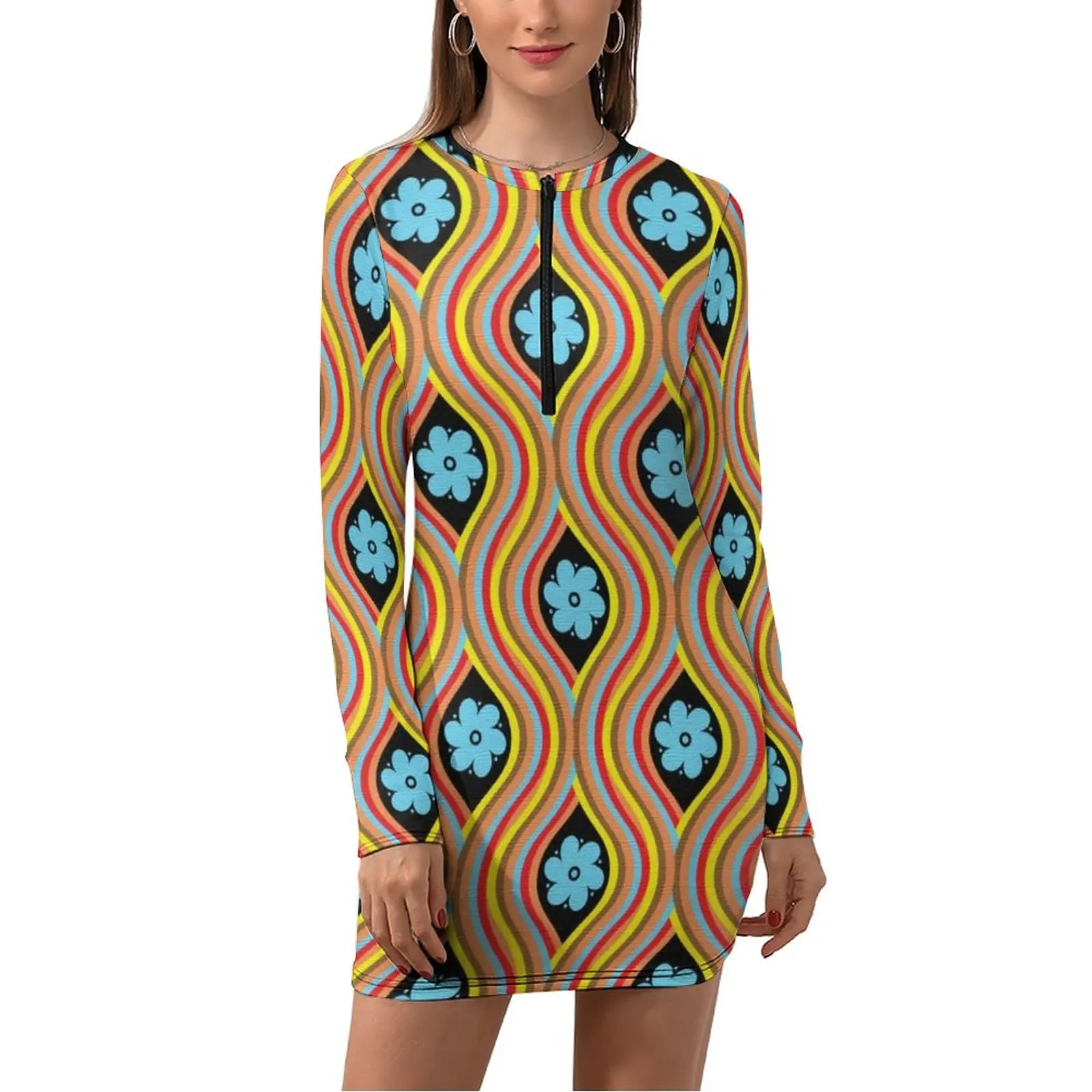 70S Retro Hippie Bodycon Dress Spring Bohemian Flower Power Sexy Dresses  Women Long Sleeve Print Street Wear Dress Big Size 2XL