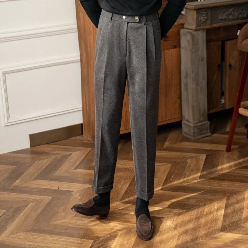 Autumn Winter High-Waisted Woolen Casual Pants For Men Warm Straight-Leg Draped Narrowing Legging Casual Suit Pants suit pants men pants