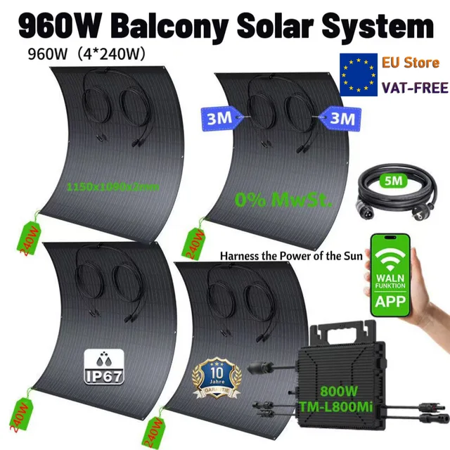 nouveau! Centrale électrique de balcon 960 W avec panneaux solaires flexibles 4 x 240 W, efficacité de conversion solaire 18 % 1