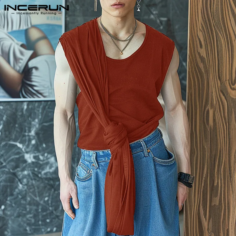 남성용 O넥 민소매 탱크 탑, 단색, 레이스업, 캐주얼 남성 조끼, 스트리트웨어, 2024 패션, 남성 의류, S-5XL INCERUN, 여름
