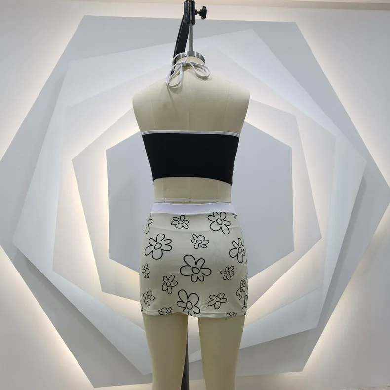 SKMY 3 Pieces Set Outfits Women 2023 Fashion Flower Printed Skirt Hollow Out Halter Neck Crop Tops And Panties Summer Beach Wear