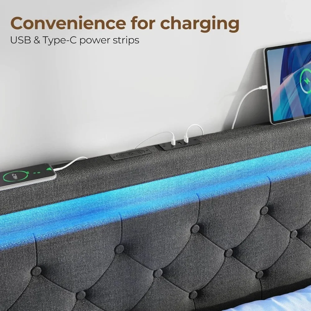 Twin Bed Frame with LED Lights and Charging Station, Upholstered Bed with Drawers, Wooden Slats, Noise Free, Easy Assembly 4
