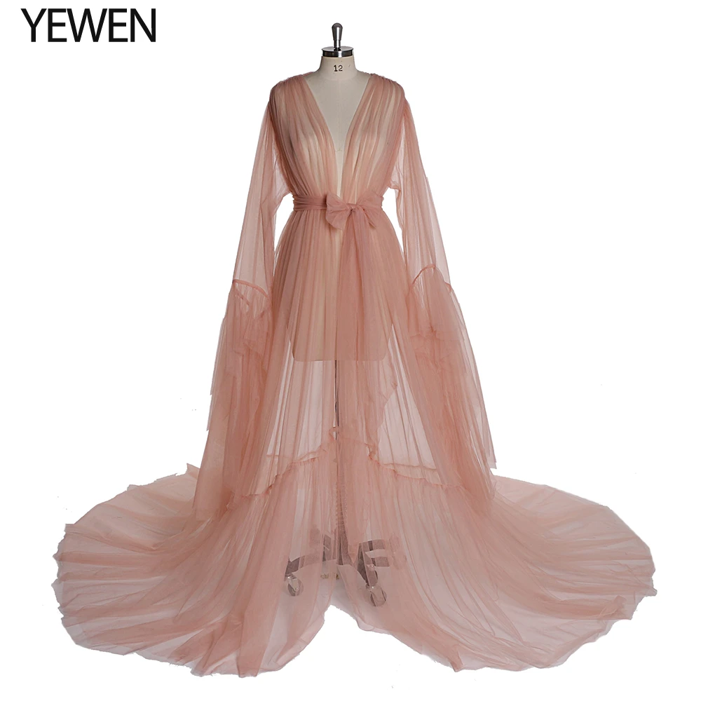 New Design YEWEN Long Sleeve Pink See Though Evening Dress for Photoshoot or Babyshower 2020 Evening Gown Prom Dress black ball gown