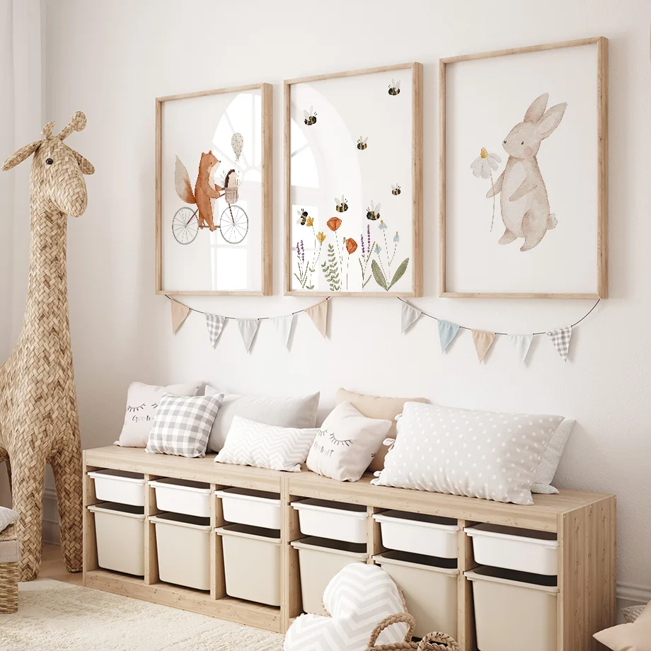 Boho Cartoon Fox Rabbit Bee Bear Hedgehog Flower Poster Stampe D'Arte Pittura Su Tela Immagini A Parete Baby Kids Room Decorazione Della Casa