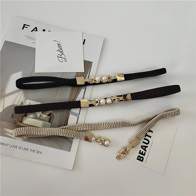 Elegant Black Elastic Belt with Double Pearl Buckle