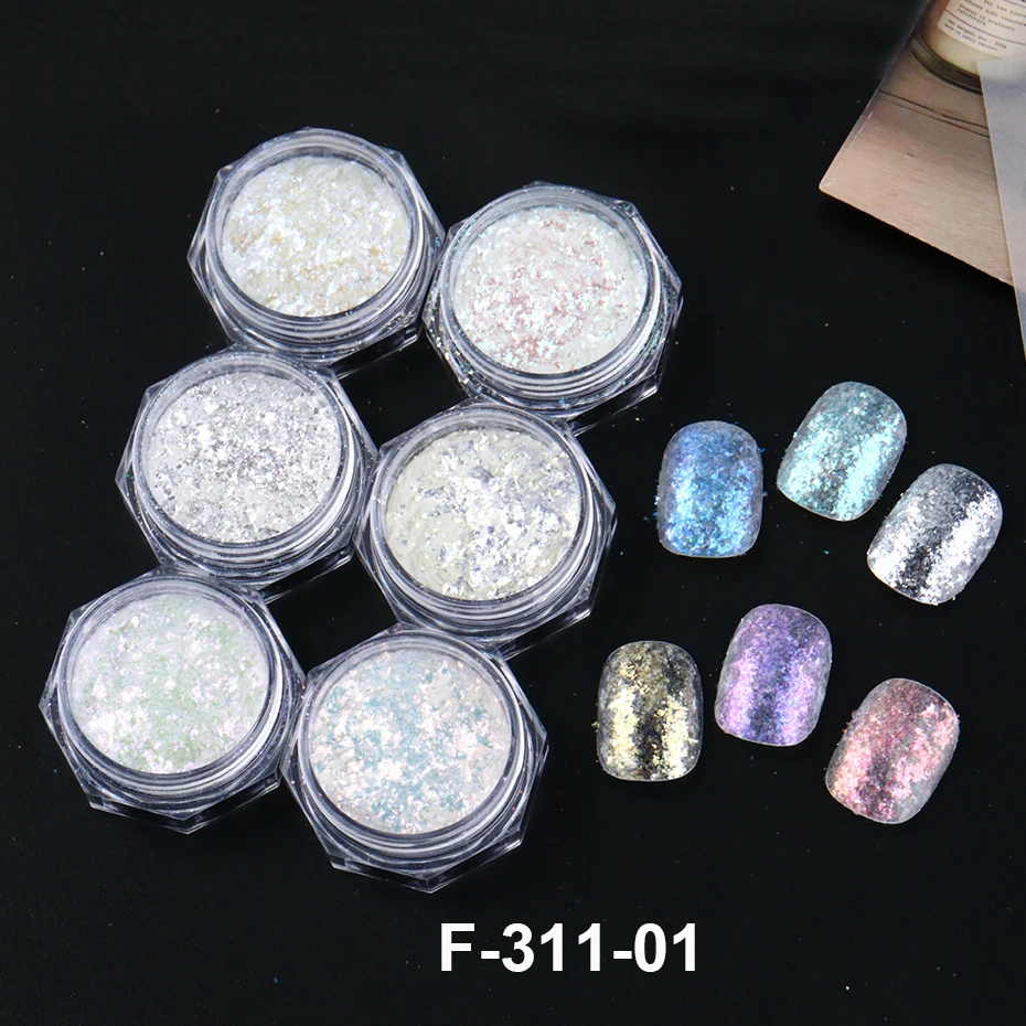 6 Stück Schillernde Opal-Flocken Nagelpuder Holographischer Kristall-Diamant Nagelglitzer Aurora Regenbogen-Wolken Brokatpuder Dekoration – Detail 9