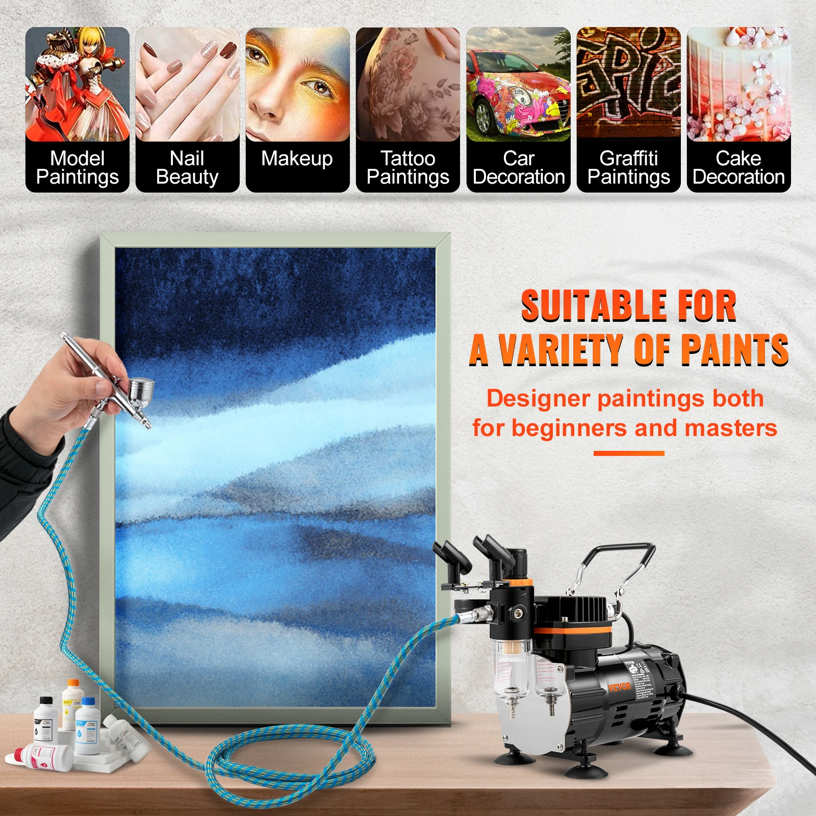 VEVOR Professional Dual-Action Airbrush Kit 120W Electric Spray Gun Air Brush Painting Set Art Nail Tattoo Makeup Model Sprayer 2
