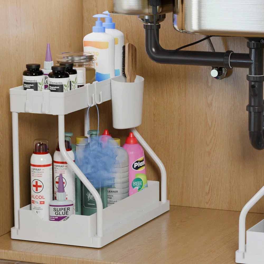 2 Tier Pull Out Organizer Under Sink for Kitchen Spices Bathroom Cosmetics Living Room Table Storage Desktop Cabinet Rack