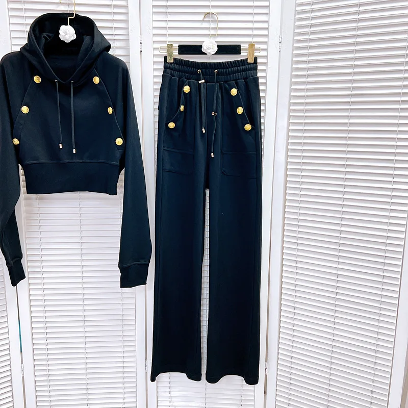 European And American Style Autumn Clothes A Set Of Casual Sportswear Lively Black Color Hoodie Trousers Two-Piece Suit Outfits