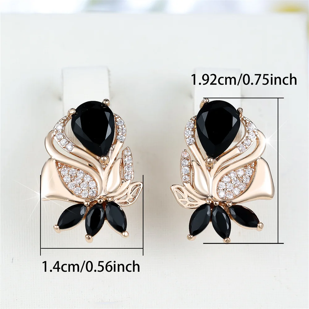Vintage Black Crystal White Zircon Flower Hoop Earrings For Women Trendy Gold Color Ear Buckle Wedding Jewelry Engagement Gifts