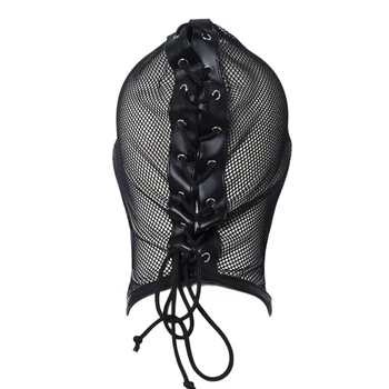 Erotic Accessories of Leather Fishnet Open Mouth Bondage Hood Sexy Hollow BDSM Headgear for Fetish Adult Role Play Games Sex Toy 3