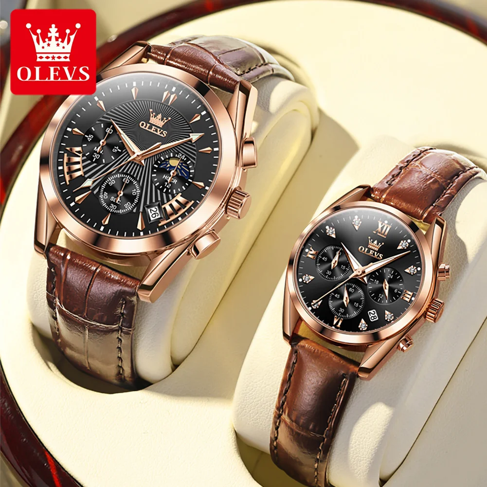 OLEVS Brand Fashion Couple Watch Leather Strap Waterproof Luminous Calendar Luxury Chronograph Quartz Watches for Men and Women olevs top brand luxury couple watches for men women stainless steel gold quartz watch waterproof luminous lovers wristwatch