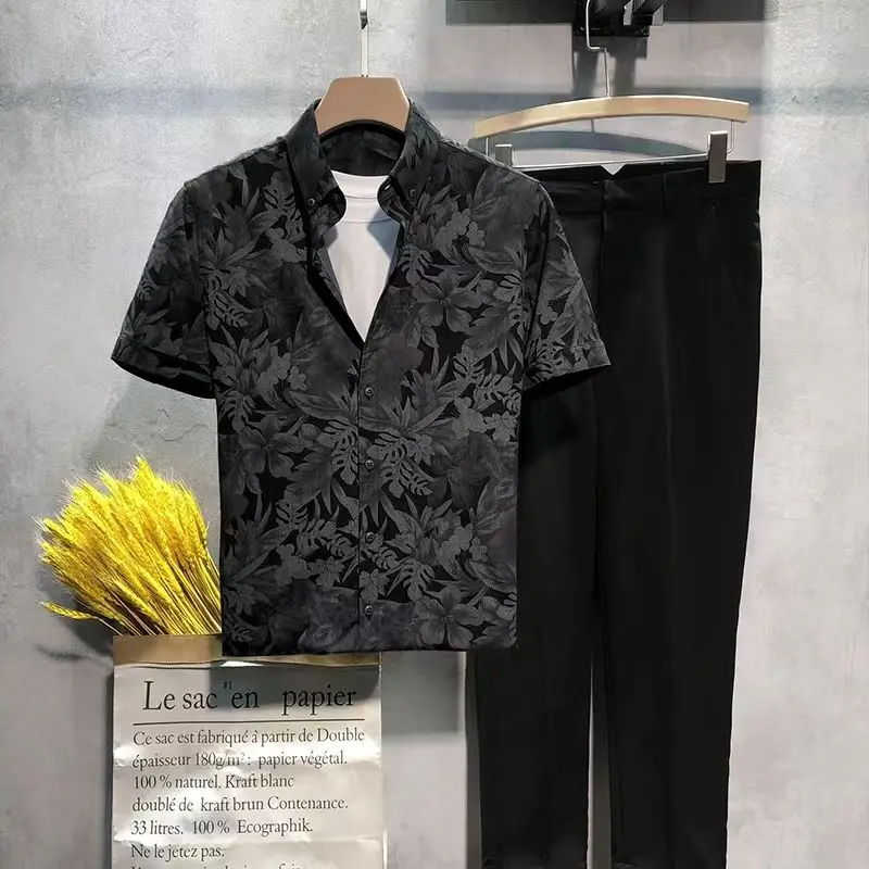 Minimalist Casual Summer Men's 2024 New Patchwork Square Collar Button Printing Fashion Slim Fit Versatile Short Sleeved Shirts