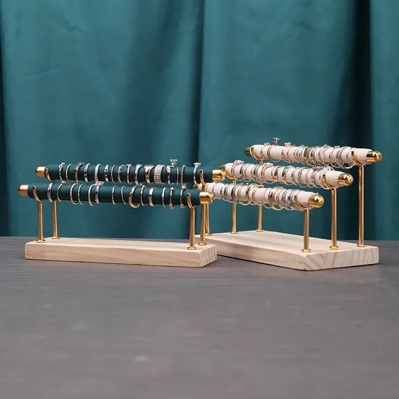 Elegant Wooden Ring Display Stand with Multi-Layer Sponge Holder and Detachable Metal Frame