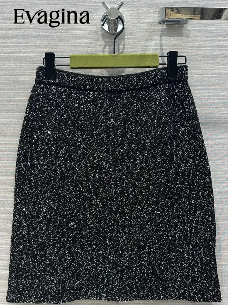 

Evagina Fashion Runway Summer Black Color Woven Mini Skirt Women's Solid Color Slim Buttock Covering Sequins Short Skirt