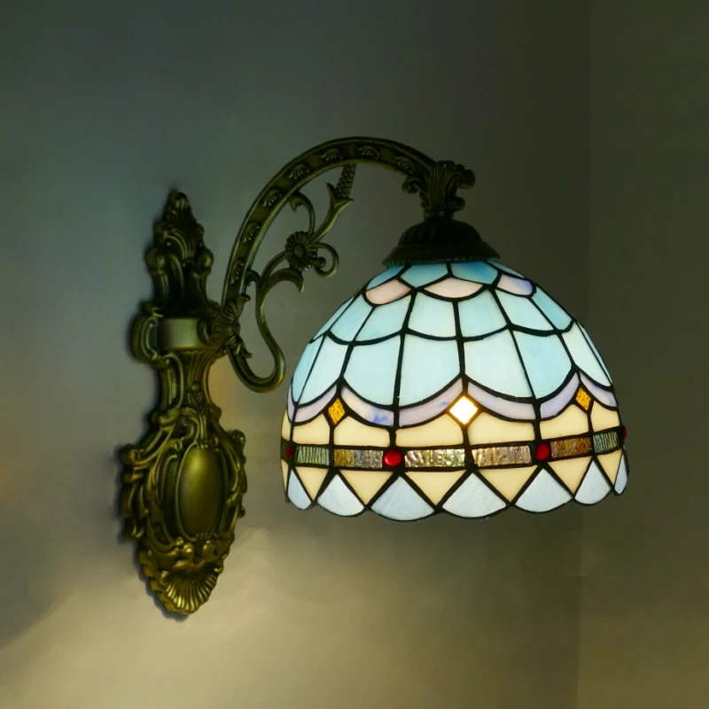 Mediterranean Tiffany Wall Lamps Sea Sky Stained Glass Mirror Light