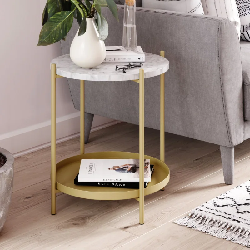 

Alexis White Faux Marble with Gold Brass Metal Frame Round End Side Table