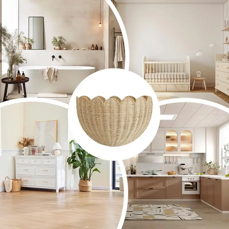 Scalloped Wicker Baskets For Wall Natural Woven Rattan Organizer Scalloped Home Decor Storage For Living Room Study Nursery 5