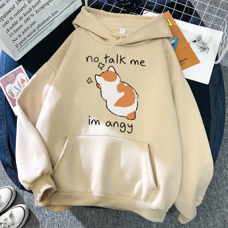 2024 Y2k No Talk Me Cute Angry Cat Print Women Hoody Hip Hop Soft Sweatshirt Casual Fleece Sweatshirt Oversize Fleece Streetwear