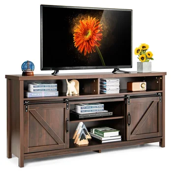 GOFLAME 150cm Sliding Barn Door TV Stand Farmhouse Flat Screen Console-Brown