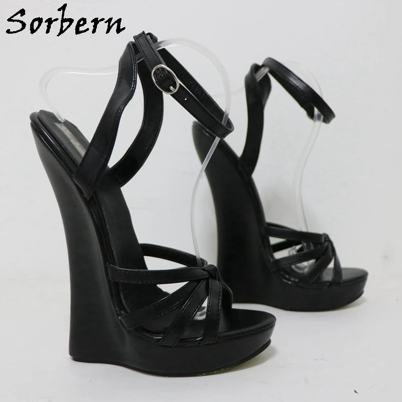 Sorbern Black Matt Slingback Women Sandals Narrow Back Wedge High Heels Thin Straps Unisex Fetish Shoe Sissy Boy Color