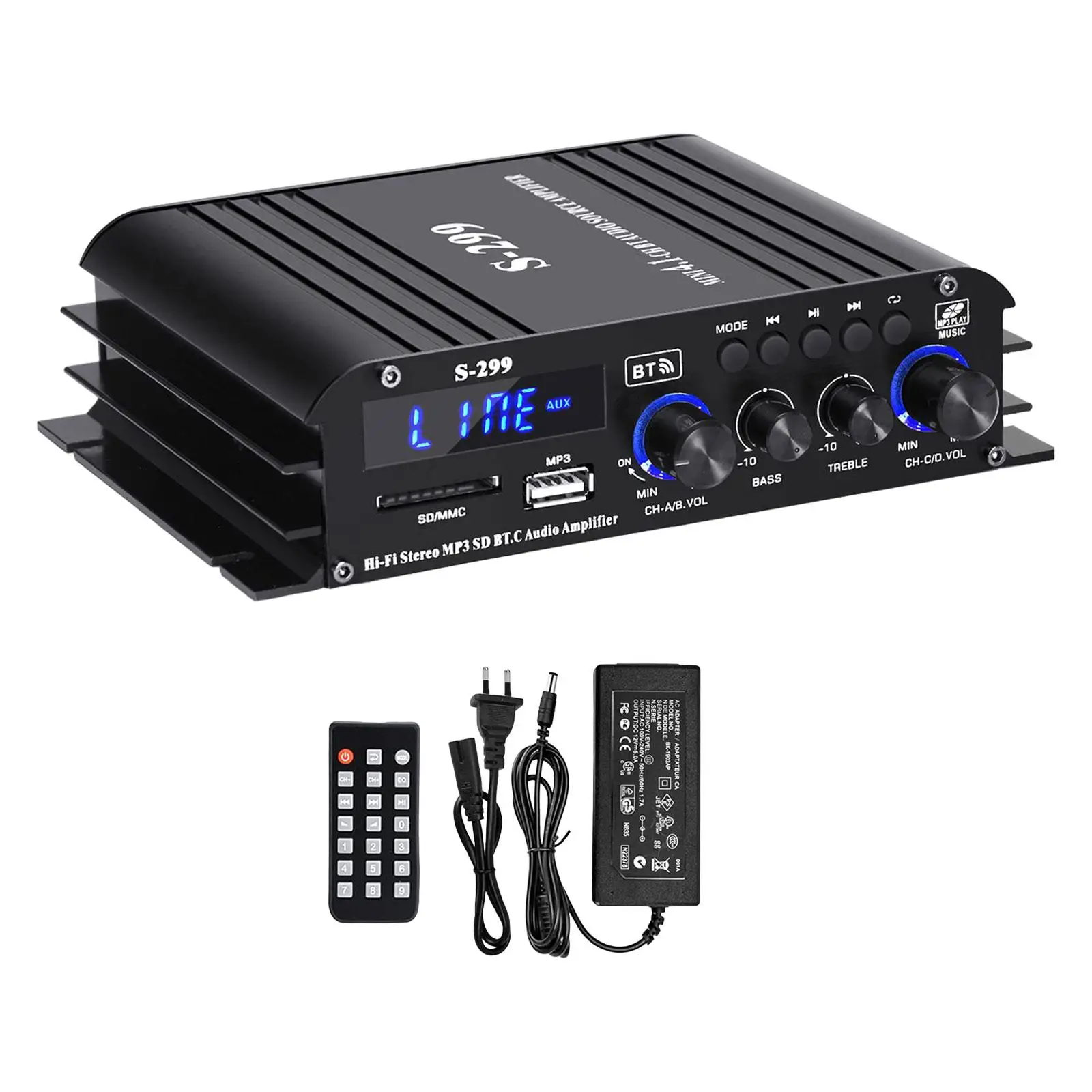 Audio Power Amplifier HiFi Stereo Amp MP3 USB AUX BT SD 4.1 CH for Car Home Bar Party Subwoofer 40wx4 with Remote Control