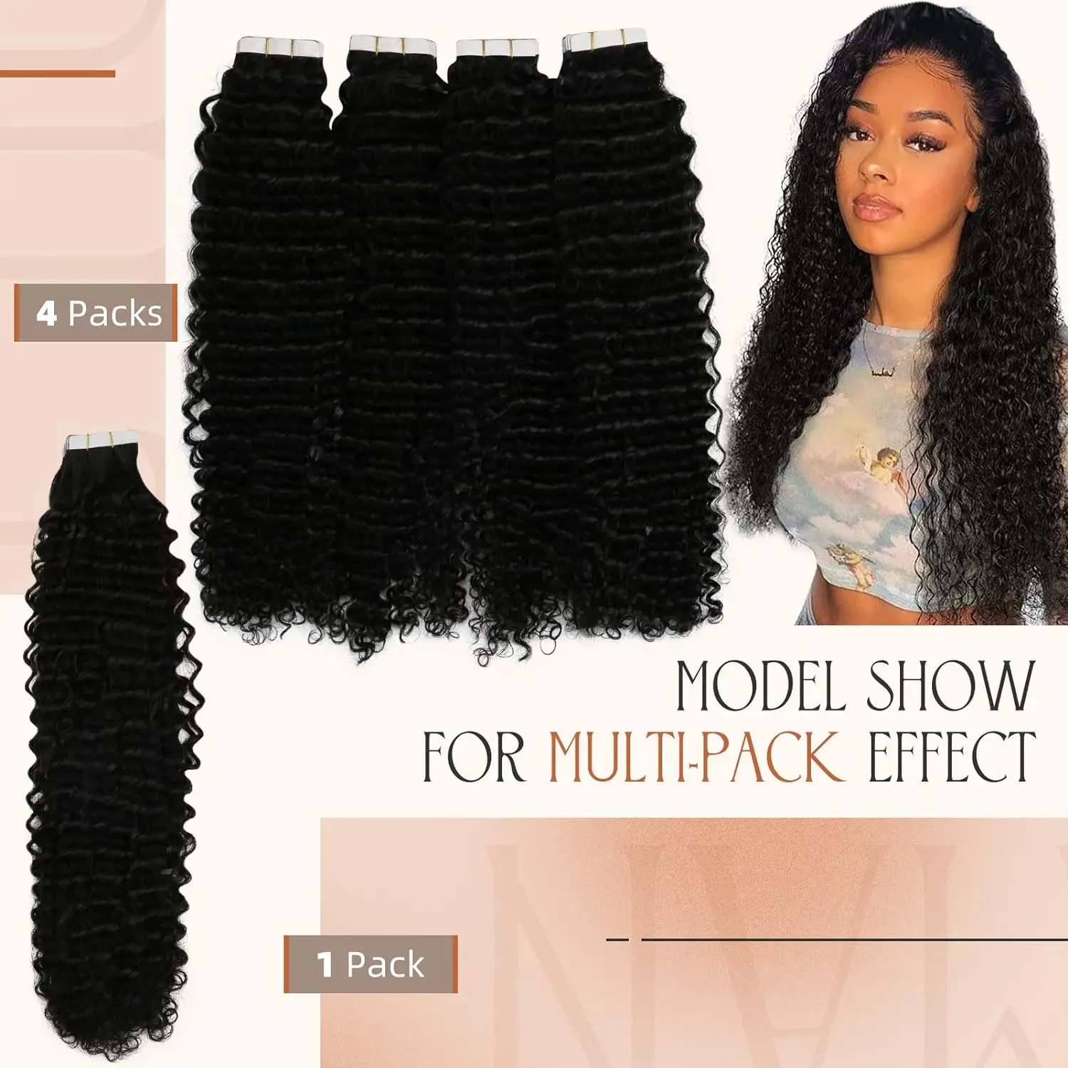 Tape in Hair Extensions Human Hair Kinky Curly Tape In Extensions with Invisible Attached Semi Permanent Natural #1B