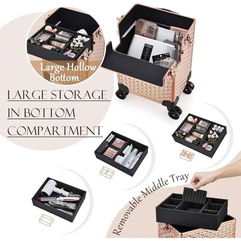 Rolling Makeup Case Professional, 3-in-1 Wheeled Makeup Trolley, Large Salon and Barber Travel Trunk Suitcase for Cosmetology 4