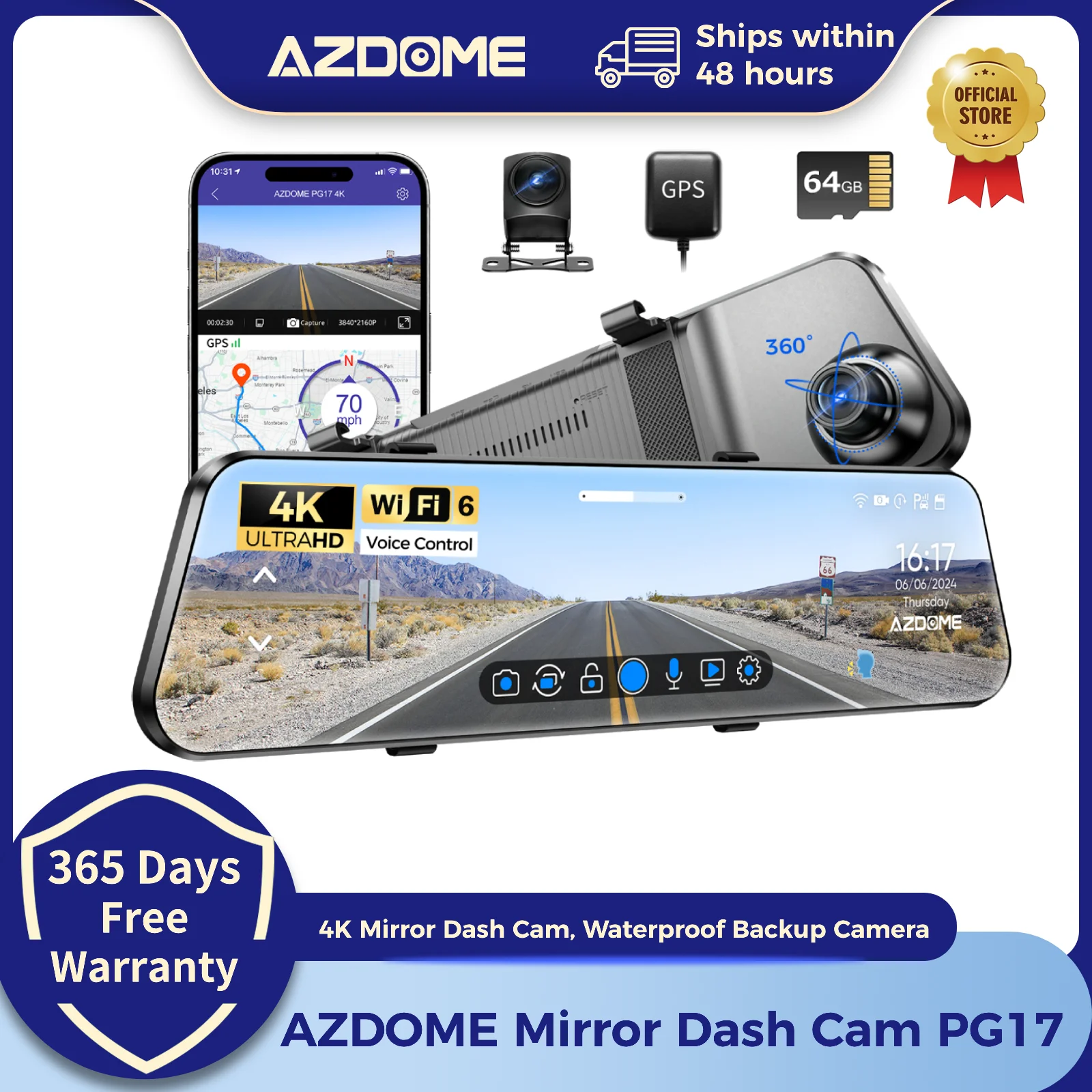 AZDOME デジタルインナーミラー ミラー型前後ドライブレコーダー PG17 AZDOME PG17 12インチ WiFi ミラーダッシュカム 4K フロント