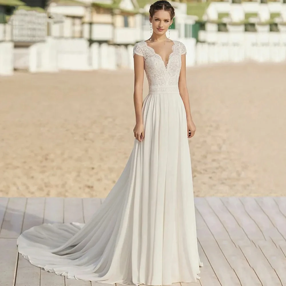 

Luxury Lvory Simple A-Line Wedding Dresses V-Neck Cap Sleeves Bridal Gowns Zipper Back Chiffon Button Vestidos De Novia W10327