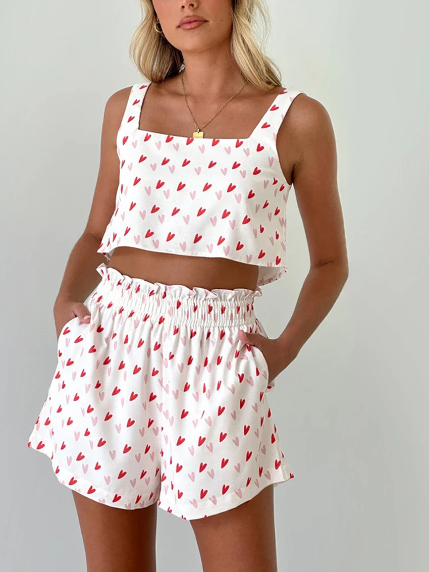 Marthaqiqi Printing Female Pajamas 2 Piece Suit Sexy Crop Top Sleepwear Tank Tops Nightgowns Casual Women Nightwear 2 Piece Set